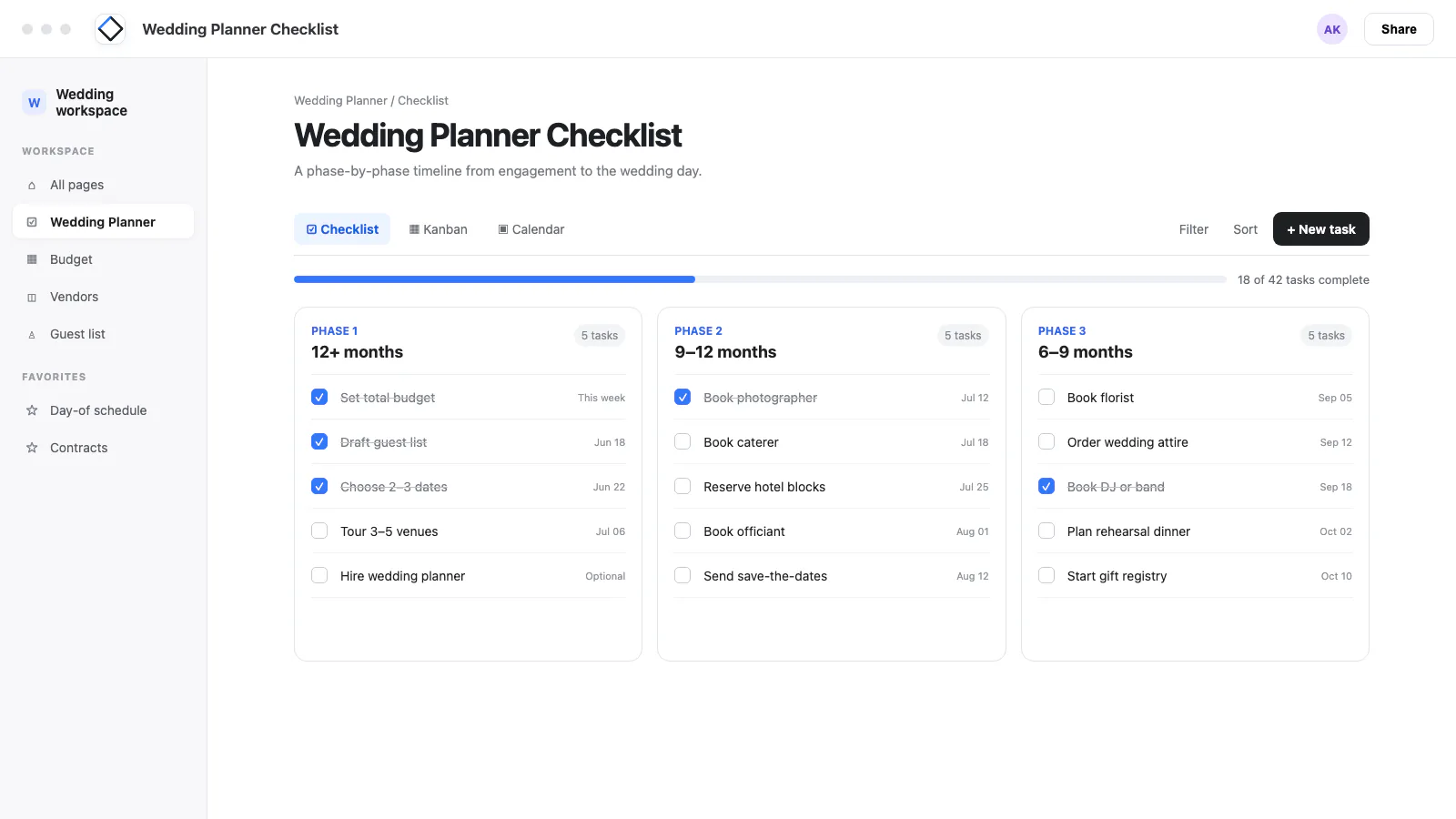 Wedding planner checklist template in AFFiNE — 12-month timeline with phase-by-phase tasks in checklist view